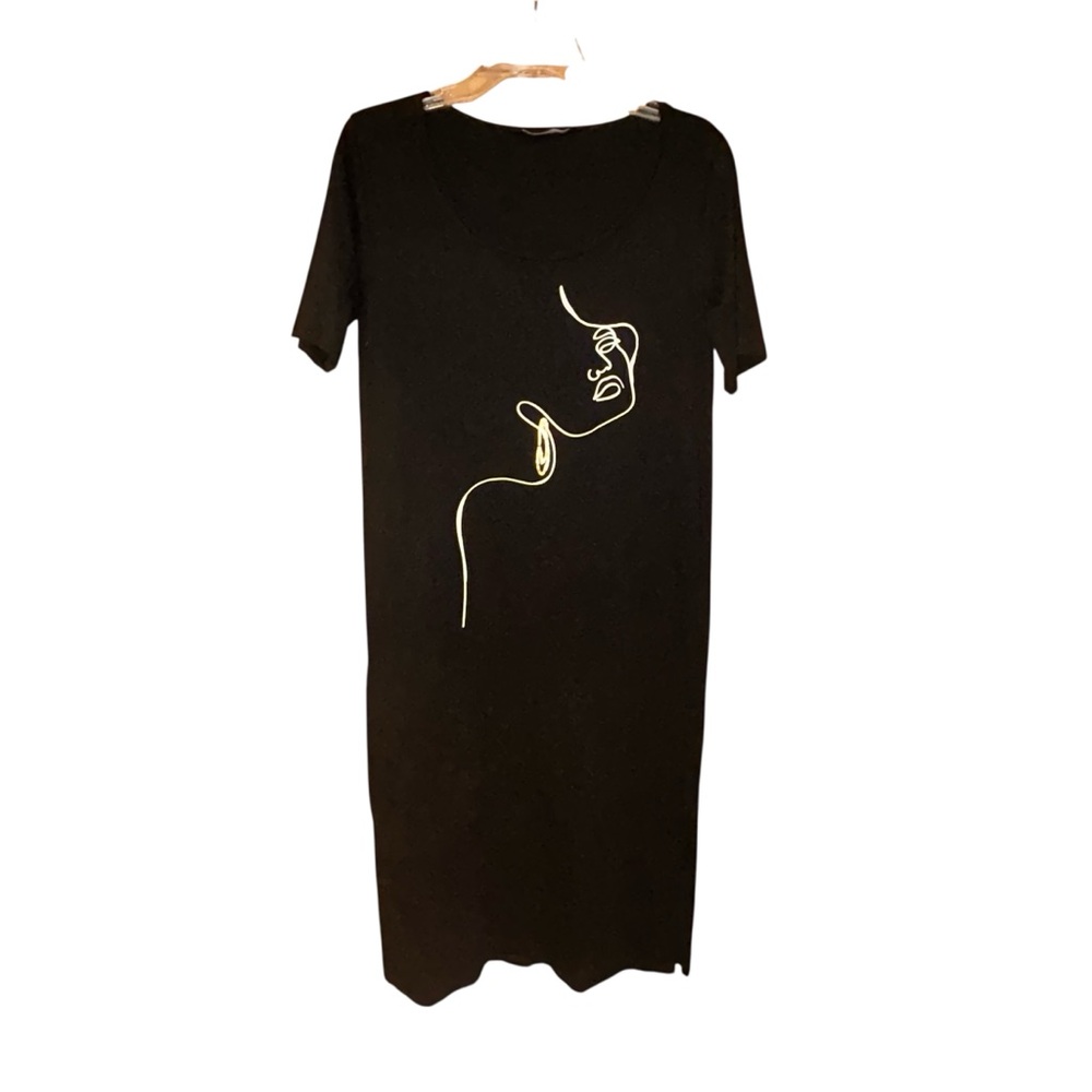 LC Waikiki Black Midi T Shirt Dress‎ Medium 38 Line Art Graphic Face Print
